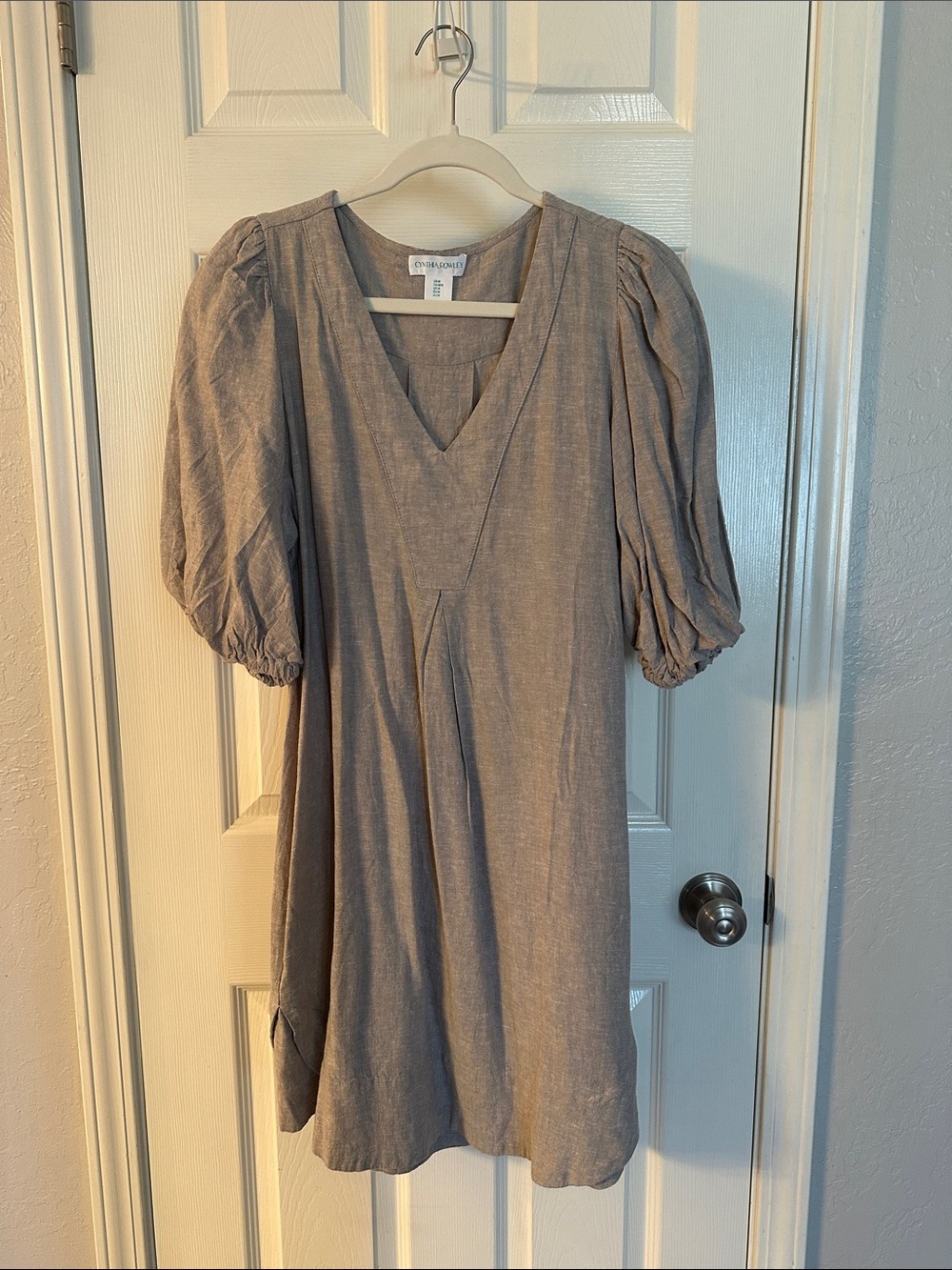 Cynthia Rowley Taupe V-Neck Puff Sleeve Dress With Pockets M